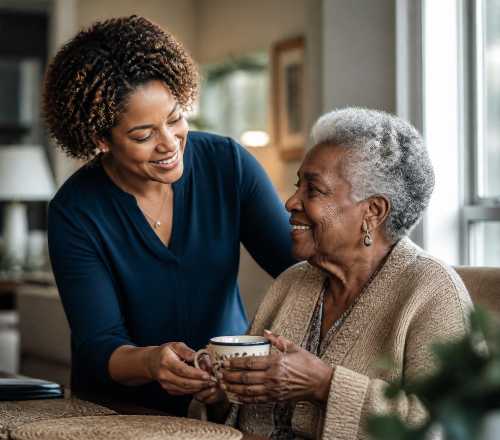 A caregiver sharing a warm moment with an elderly client over a cup of tea in a sunlit home