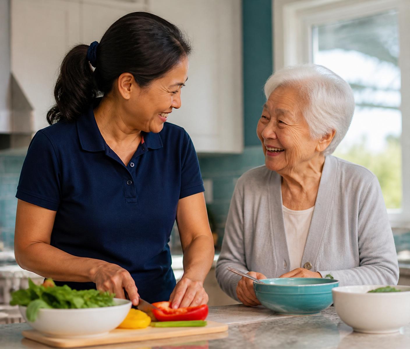 A caregiver and an elderly woman laughing together while preparing a meal in a bright kitchen